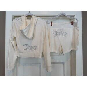 Juicy Couture Velour 2-Piece Set Hoodie + Shorts - Oyster (Off White) SZ L $189